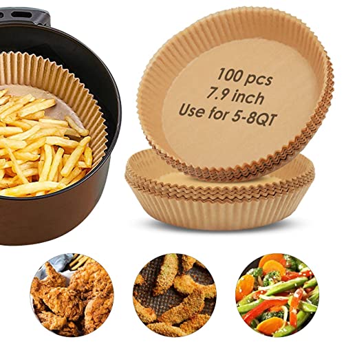 100 Pcs Air Fryer Liners Disposable Round 7.9 Inches air fryer parchment paper liners for airfryer basket Non-stick,Oil-proof, Water-proof, Parchment for Baking Roasting Microwave, Large (5-8Qt)