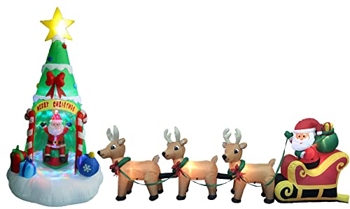 Two Christmas Party Decorations Bundle, Includes 8 Foot Tall Lighted Inflatable Christmas Tree with Santa Claus, and 12 Foot Long Lighted Christmas Inflatable Santa Claus on Sleigh with 3 Reindeer
