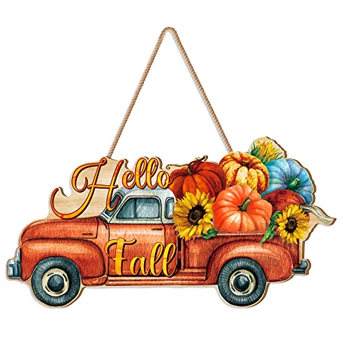 BBTO Fall Pumpkin Welcome Sign Wood Hello Wooden Signs Rustic Decorations Decorative Hanging for Thanksgiving Harvest Autumn Porch Home Wall Door Decor (Pumpkin)