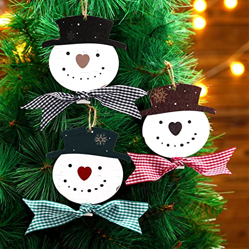 Wooden Snowman Christmas Hanging Ornament Rustic Snowmen Ornament with Buffalo Plaid Bows Snowmen Shaped Christmas Tree Hanging Pendants for DIY Crafts Holiday Decoration (Cute Style, 24 Pieces)