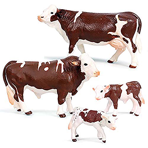 Hiawbon Cattle Figurine Simulated Simmental Cattle Figure Realistic Plastic Farm Cow Family Figurines,Set of 4 (Brown and White)