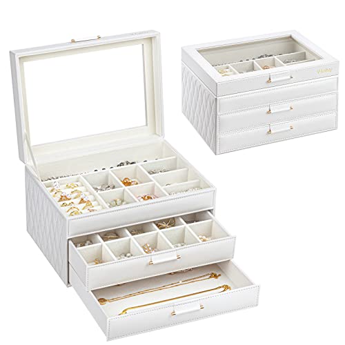 V-LAFUY Jewelry Box, Jewelry Organizer Box 3-Layer with 2 Drawers, Jewelry Boxes for Women, Ring Earring Watch Bracelet and Necklace organizer, White