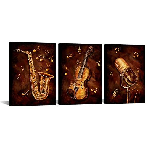 3 Piece Music Painting Canvas Prints Brown Saxophone Violin Microphone Art Picture Poster Wall Decor Vintage Musical Jazz Artwork for Home Living Room Music Studio Classroom Decoration (Small)