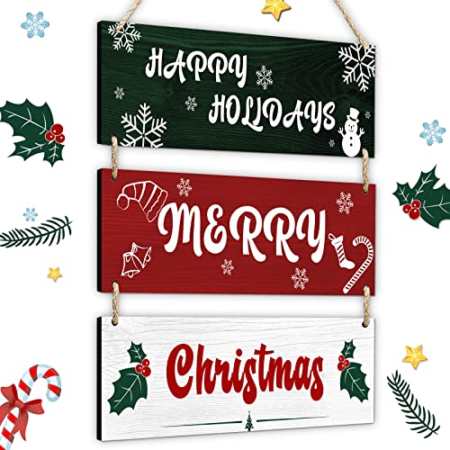 WAN2TLK 3 Pieces Christmas Hanging Wall Sign Wood Decor, Wooden Snowflake Plaque Winter Xmas Wall Door Decorations, Merry Christmas Sign Decor Perfect for Home, Party, Window, Bedroom Decor