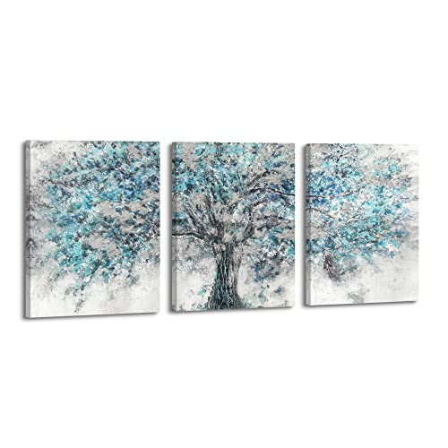 Studio+plus Abstract Tree Canvas Wall Art: 3 Pieces Navy Natural Scenery Prints Silver Blue Blooming Plant Painting Teal Modern Landscape Forest Picture Contemporary Artwork for Bedroom
