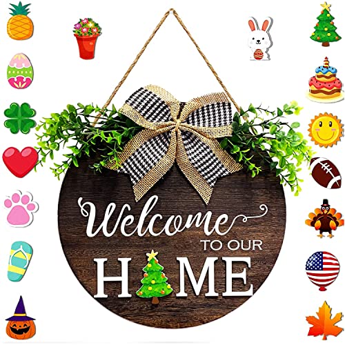 Welcome Sign Front Door Wooden Sign Farmhouse Porch Welcome Sign Round Solid Wood with Greenery Bow and 16 Seasonal Signs Door Decorations Outdoor Hanging Gift Craft,for New Home Housewarming Gift