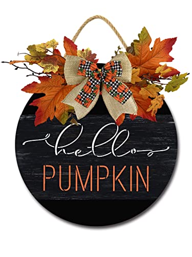 LERJIMUX Hello Pumpkin Sign Front Door Porch Decorations, Round Rustic Wood Hanging Sign for Farmhouse Porch Outdoor Home Holiday Front Door Sign Decor 12”