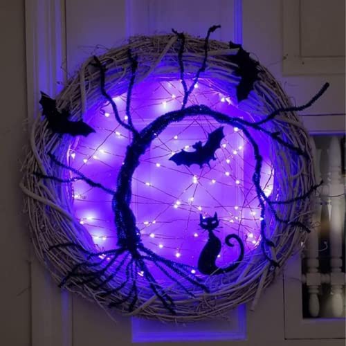 Halloween Wreaths Decorations for Front Door, 14.5 Inch Lighted Bat and Cat Wreath with Purple LED Lights, Battery Operated Halloween Door Wreath