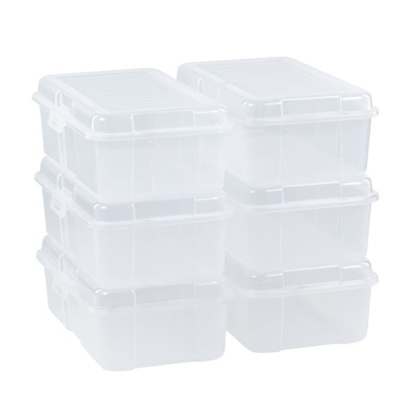 Rubbermaid 6 Qt. Handi-Box, Stackable Plastic Storage Bin with Latching Lid, Pack of 6, Great for Shoe Storage, Classroom Organization, Cube Organizer and Kitchen Pantry Container, Clear