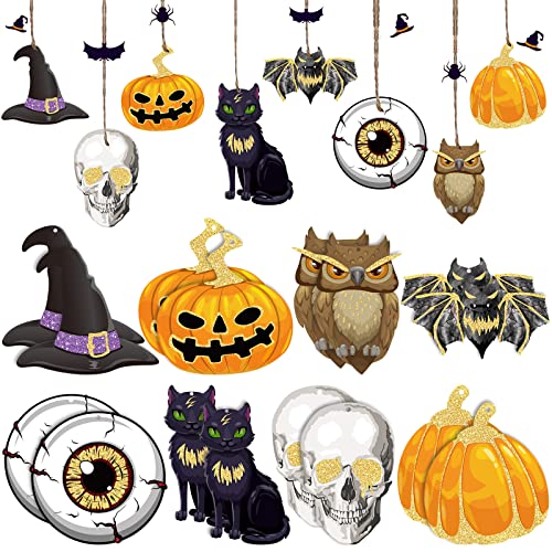 24 Pieces Halloween Wooden Hanging Ornaments Pumpkin Ghost Skull Eyeball Hat Cat Owl Bats Ornaments Farmhouse Halloween Tree Ornaments with Rope for Halloween Party Holiday Decoration