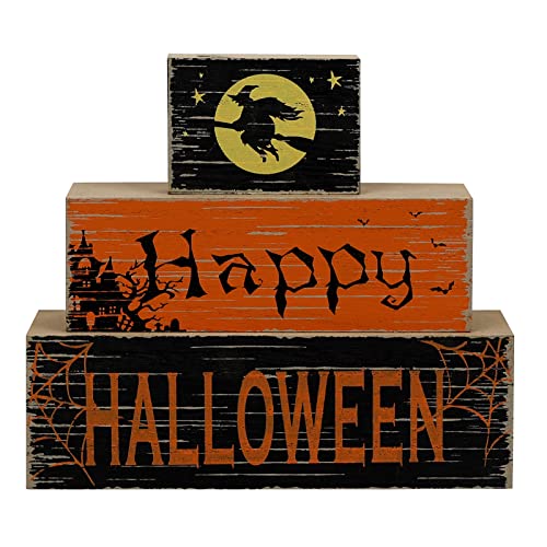 MEETYAMOR Halloween Decorations for Home, Large Size 3-Layered Wood Block with Happy Halloween Lettered for Halloween Decor, Halloween Decorations Indoor for Room, Table, Tiered Trays, Shelf, Mantel