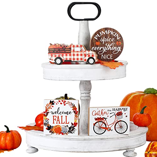Yulejo 4 Pieces Fall Tiered Tray Decor Thanksgiving Wooden Signs Bike Truck Fall Tabletop Decor Harvest Maple Leaf Pumpkin Block Sign Farmhouse Fall Centerpieces Home Tiered Tray Table (Truck Style)