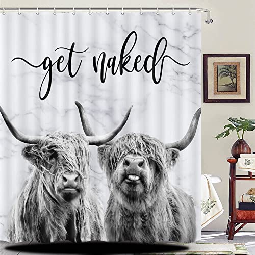 Uokiuki Funny Highland Cow Fabric Shower Curtain, Farmhouse Western Cattle Bull on Grey Marble Shower Curtain for Bathroom, Get Naked Shower Curtain with Hooks 69 x 75 Inch