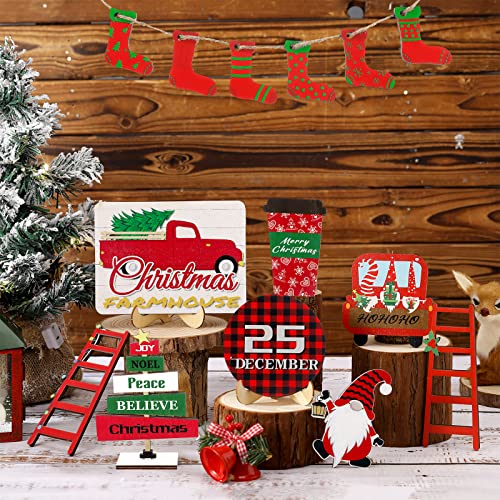 BBTO 14 Pcs Christmas Tiered Tray Decor Sets Farmhouse Buffalo Plaid Snowflake Gnome Wood Signs Warm Winter Season Drinks Tabletop Rustic Wooden Xmas Decors for Home Table Fireplace Shelf (Elegant) | The Storepaperoomates Retail Market - Fast Affordable Shopping