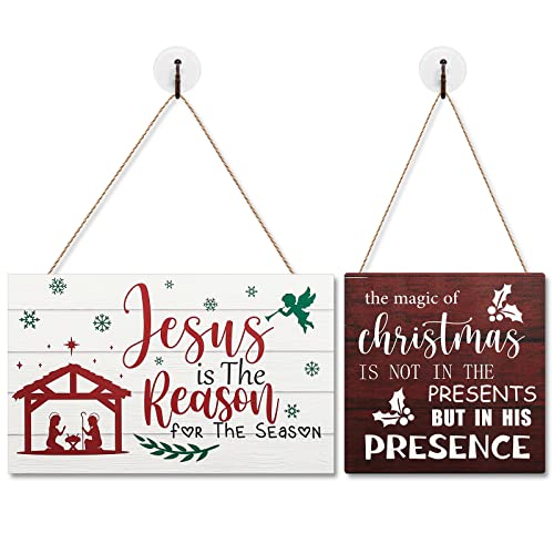 2 Pcs Christmas Jesus Wood Sign Farmhouse Hanging Sign Jesus Nativity Rustic Christmas Decor for Christmas Holiday Classroom Home Office Church Door Wall Indoor Outdoor Decorations