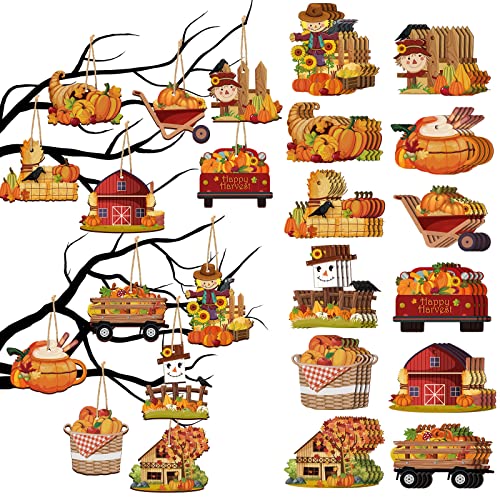 48 Pcs Fall Thanksgiving Wood Ornaments Pumpkin Scarecrow Fall Mix Cutouts Carriage Farm Haystack Maple Leaves Wooden Decorations Autumn Harvest Hanging Signs for Autumn Harvest Party (Vivid Style)