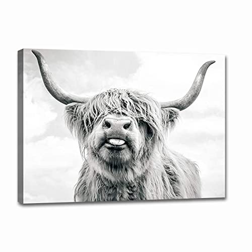 Highland Cow Wall Art Black and White Animal Painting Wall Decor Highland Cattle Pictures Prints Poster for Bathroom Decor Framed Ready to Hang (Black and White Highland Cow-6, 28″x42″ (70x105cm))