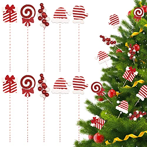 10 Pcs Christmas Picks Red and White Stripe Wooden Christmas Ornaments Large Christmas Tree Decoration Santa Hat Candy Cane Gloves Berry Gift Box Glitter Sticks for Home Vase Filler DIY Wreath Party