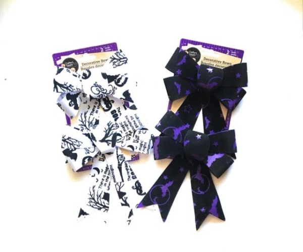 RAS (2 Pack) Holiday Halloween Themed Decorative Bows (Total 4) for Arts and Crafts DIY Wreath Decor Decorations Black White Purple Bats Ghosts Jack O Lanterns