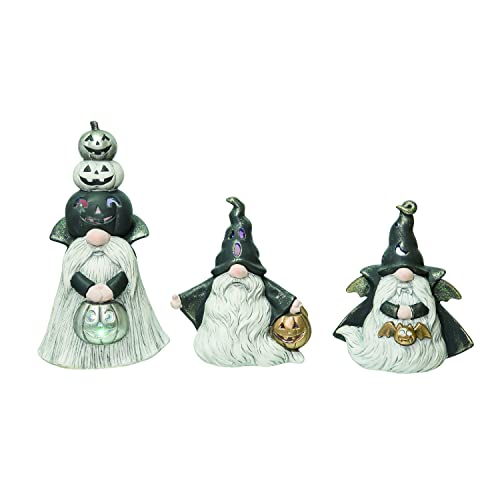 One Holiday Way 10-Inch Set of 3 Decorative LED Light Up Black & White Halloween Gnome Figurines w/ Spooky Witch Hat & Metallic Accents – Lighted Indoor Tabletop, Mantel, Shelf, Office Desk Home Decor