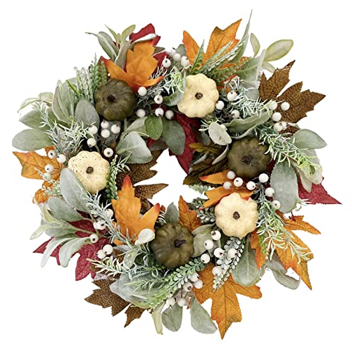 Fanus Fall Decor for Home Fall Wreaths for Front Door 16 inch White Buffalo Plaid Stripe Autumn Pumpkin Wreath Fall Decorations for Thanksgiving Harvest Farmhouse Outdoor Wall Window Door Hanger