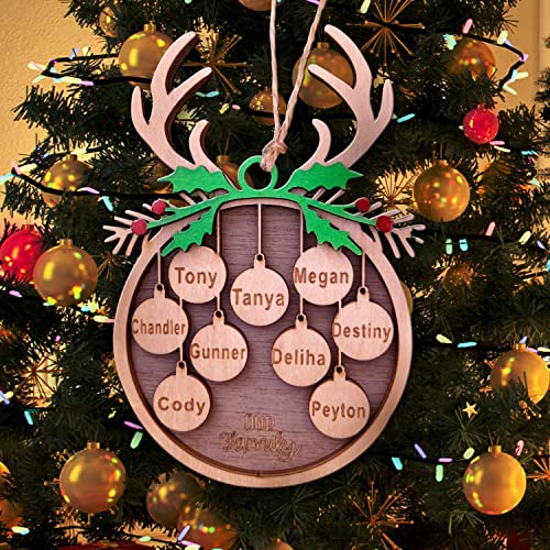 Personalized Family Christmas Ornament 2023,Custom Names Wooden Christmas Tree Ornament Decorations with Small Rope, 1 to 10 Custom Names Available (Antlers with Green Branches, 5 Name)