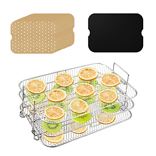 Air Fryer Rack Set with 100pcs Parchment Paper Compatible with Ninja Foodi Grill XL Air Fryer FG551, 304 Stainless Steel Toast Dehydrator Rack Air Fryer Paper Liners for Ninja FG551