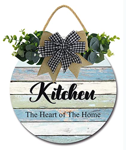 Kitchen The Heart with The Home Wall kitchen signs|Farmhouse Kitchen Decor|Rustic Wooden Sign Kitchen|Hanging Wall Art for Kitchen|Funny Saying Decorations for Kitchen wreath sign