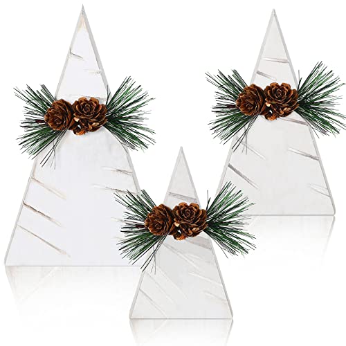 3 Pieces Wooden Christmas Tree Table Decor Farmhouse Wooden Decor Christmas Centerpieces Rustic Freestanding Table with 3 Pcs Berry Pine Cone Xmas Centerpiece for Table Home (Rustic Style)