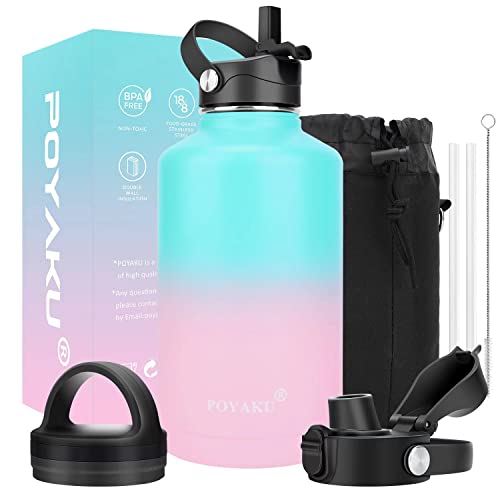 Water Bottle Insulated 64 oz- Straw lid and Auto Spout lid , Leak Proof, Vacuum Insulated, Large Metal Stainless Steel Water Jug Half Gallon Wide Mouth for Sports, Gym, Keep Cold 48H Hot 24H