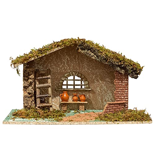 Nativity Creche Stable | 11″ Tall and 18.25″ Wide | Realistic Moss Roof and Floor | Beautiful Texture Work | Ladder, Pots, and Window | Religious Christmas and Holiday Home Décor | Made in Italy