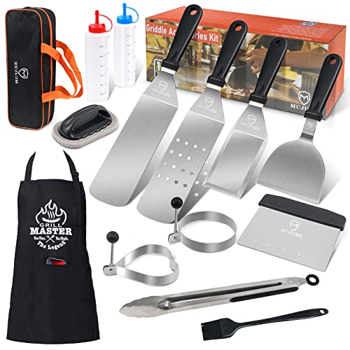 Blackstone Grill Accessories Set for Griddle, MUJUZE Blackstone Grill Tools Set Gifts for Men- with Custom Apron,Stainless Steel Griddle Spatulas Set,Grill Tools for Teppanyaki and Camping