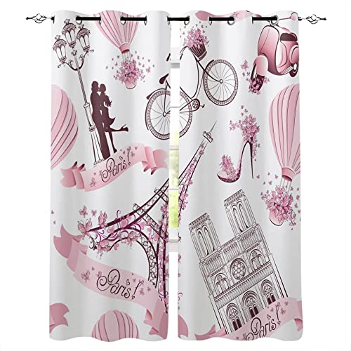 LINQI Pink Romantic Paris Kids Curtains 2 Panels, Blackout Window Treatments, Thermal Insulated Grommet Drapes, Tower Hot Air Balloon Bike Curtains for Bedroom Living Room (42” W x 63” L)