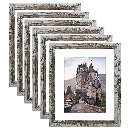 ZIRANLING 11×14 Picture Frame Rustic Distressed White Wood Set of 6,Display Pictures 8×10 with Mat or 11×14 Without Mat,Multi Photo Frames Collage for Wall