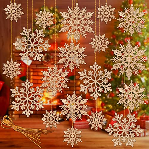 Christmas Tree Decoration Snowflake Ornaments – 36pcs Champagne Gold Glitter Hanging Christmas Snowflake Ornaments for Christmas Festive Holiday Home Party Decorations