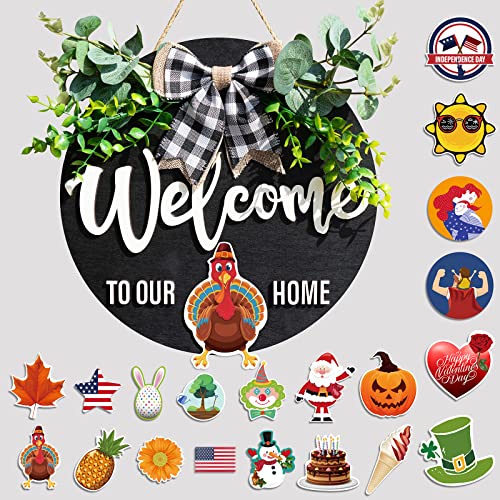 ELAAJ Interchangeable Welcome Sign Front Door Porch Decor, Welcome to Our Home Sign 20pcs Holiday Icons, Wreaths Wall Hanging Outdoor, Farmhouse, Summer Fall New House Warming Gift, Black
