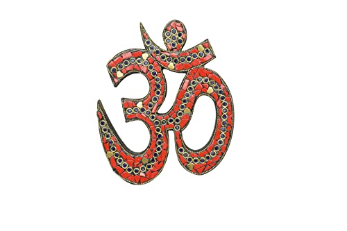 Aditri Creation Wooden Orange Om Symbol Wall Decoration with Stone Work Hand Decorated Om Wall Hanging for Living Room Bed Room Temple Yoga Room Religious Gift (Size:- 6″ X 5″)