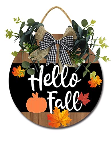 Ninesanding Ymaotrade Hello Fall Rustic Christmas Wood Welcome Hanging Sign Porch Sign, Round Christmas Door Hanger for Farmhouse Holiday Indoor Outdoor Decoration 11.2×11.2inch (Art Decoration 2)