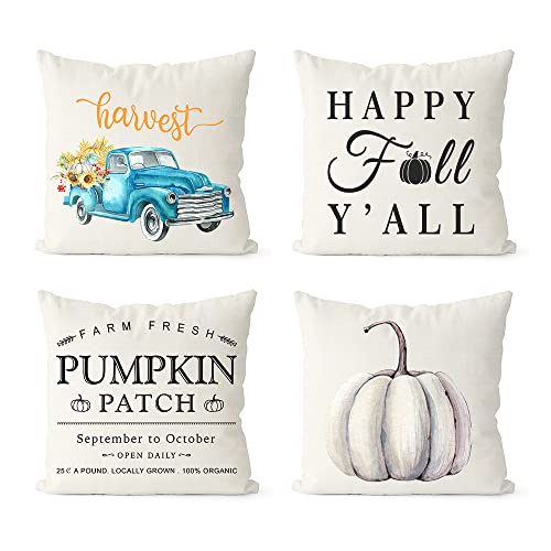 FVCENT Fall Pillow Covers 18×18 Inch Set of 4 Thanksgiving Teal Throw Pillowcase Pumpkin Farmhouse Outdoor Fall Decor Autumn Grateful Cushion Cover for Home Decor (18×18 inches, Fall Thanksgiving)