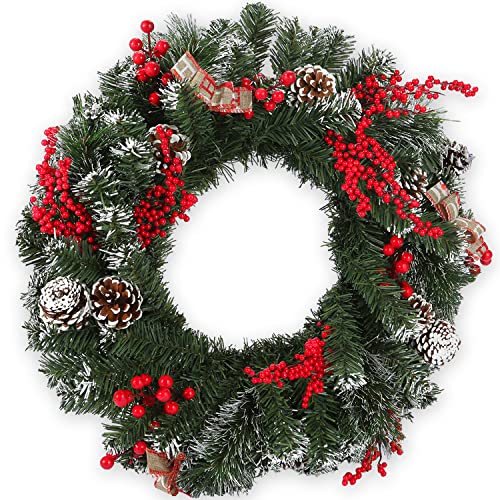 Nextradero Artificial Christmas Wreath 24in，Outdoor Large Christmas Wreath Decorated with Pine Cones, Berry Clusters, Bows for Outdoor Indoor Wall Home