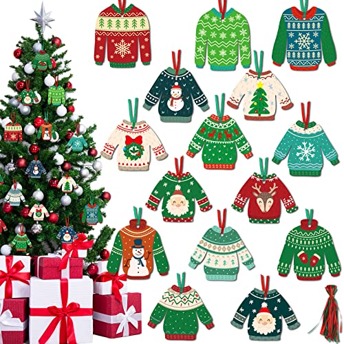60 Pcs Ugly Sweater Hanging Ornament Winter Ugly Sweater Cutouts Hanging Decoration Christmas Tree Ornaments Pendant Tags with Ribbons for Classroom School Bulletin Board Xmas Party Decoration