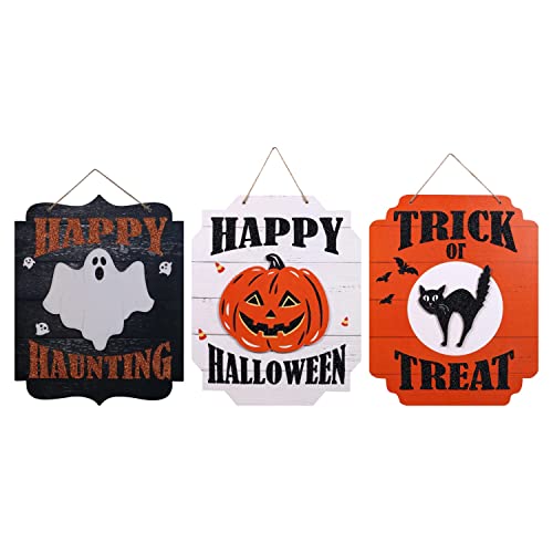 CGT Happy Halloween Themed Wooden Wall Signs Trick or Treat Haunting Welcome Plaques Party Wreath Front Door Home Decoration DIY Craft Ribbon Decor 12 x 9.5 in. (Set of 3), Black, Orange, White