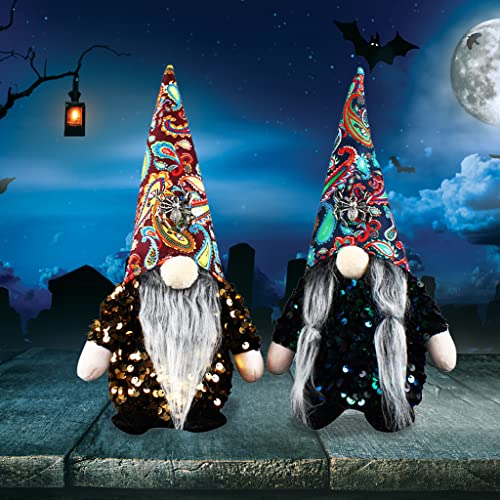 Halloween Gnomes Plush Decorations 2 Pack, Handmade Halloween Decorations Indoor with Sequins and Spider Ornaments for Home Table Holiday Party Kids Gift