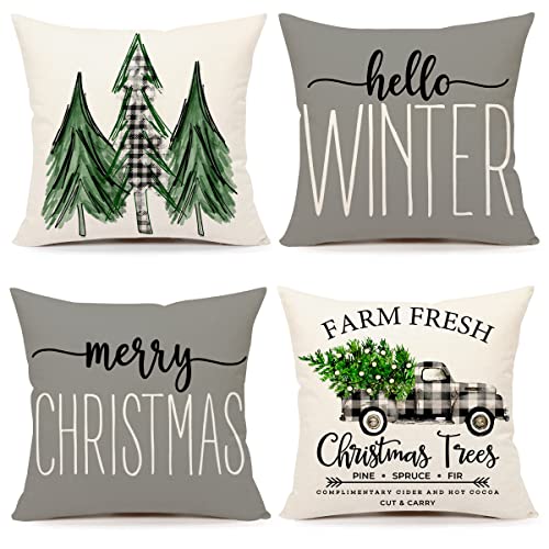 4TH Emotion Gray Christmas Pillow Covers 18×18 Set of 4 Farmhouse Christmas Decorations Merry Christmas Tree Truck Hello Winter Holiday Decor Throw Cushion Case for Home Couch S22C19