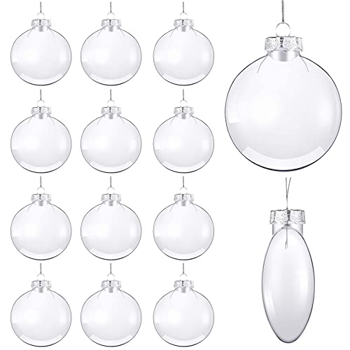 12Pcs Christmas Ornaments 3.15 Inch Clear Plastic Discs Flat Transparent Fillable Balls with Rope and Removable Metal Cap Christmas Hanging Ornaments for Craft DIY Christmas Tree Wreath Decor(80mm)