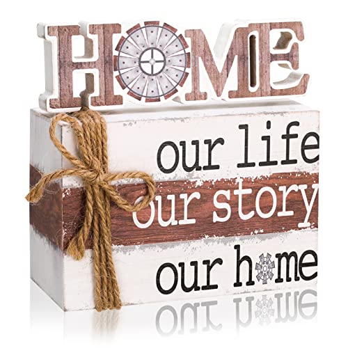 Chenkaiyang 2 Pcs Farmhouse Shelf Tiered Tray Decor Bundle, Rustic Wood Decorative Book Stack,Our Life Our Story Our Home Table Sign With Twine for Farmhouse Shelf Home Tiered Tray Decor