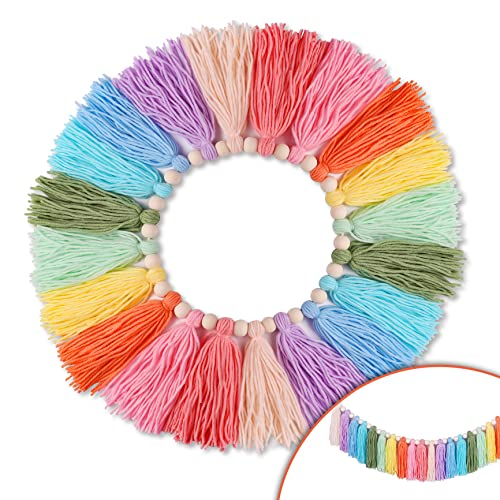 Rainbow Tassel Garland Boho Tassel Garland with Wood Beads Colorful Hanging Beaded Garland Pastel Woven Tassel Banner Wall Decorative for Kids Bedroom Nursery Party Holiday Wedding Decoration (A)