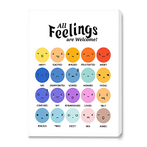 All Feelings Are Welcome Canvas Wall Art-Feelings Chart Canvas Framed Wall Art Painting Ready to Hang for Nursery/Classroom/Playroom Décor-Inspirational Quotes Gifts for Kids Teens 12 x 15 Inches