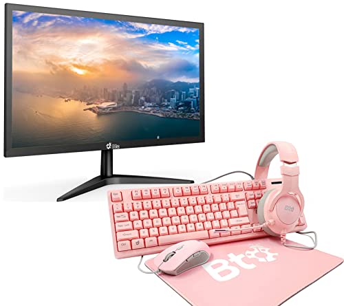 BTO New 19 Inch FHD 1920 x 1080p Desktop Computer Tower Monitor, VGA and HDMI Port with Advanced CM-418WH 4 in 1 Backlit Gaming Full Size Keyboard, Mouse, Mouse Pad and Headset Combo [ Pink ]