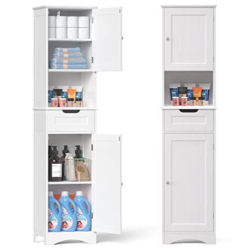 Gizoon 67″ H Bathroom Storage Cabinet Organizer w/ 2 Doors & 1 Drawer, Tall Slim Freestanding Linen Tower w/Adjustable Shelves for Home, Versatile, Anti-Tipping